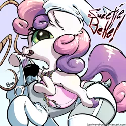 Size: 3000x3000 | Tagged: suggestive, artist:itsalwayspony, derpibooru import, sweetie belle, unicorn, censored, clothes, female, filly, hand cuffs, implied foalcon, implied sex toy, lingerie, mannequin, rope, solo, stealing