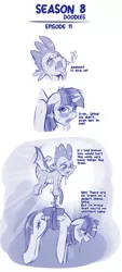 Size: 724x1599 | Tagged: suggestive, artist:jcosneverexisted, derpibooru import, spike, twilight sparkle, twilight sparkle (alicorn), alicorn, dragon, pony, season 8 doodles, molt down, bait and switch, blue, blushing, comic, comic strip, dialogue, duo, female, flying, male, mare, mlp:fim doodles, monochrome, not what it looks like, patreon, sketch, sky, sun, sweat, tired, tongue out, winged spike, wings