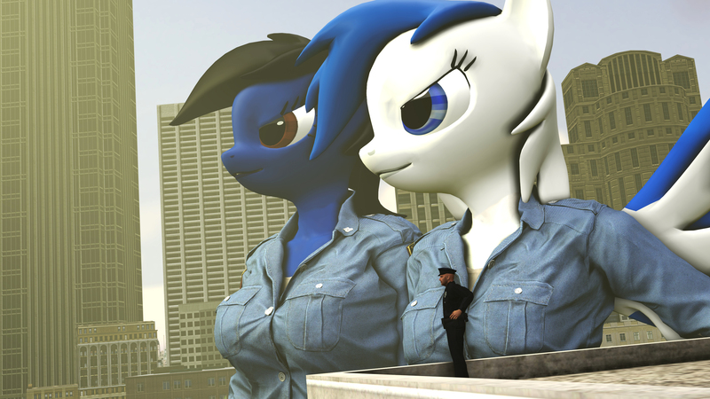 Size: 3020x1698 | Tagged: 3d, anthro, artist:scalelover, artist:shrunkenlover, building, city, clothes, derpibooru import, giantess, human, macro, oc, oc:nicole, oc:striker blue, police officer, safe, size difference, unofficial characters only
