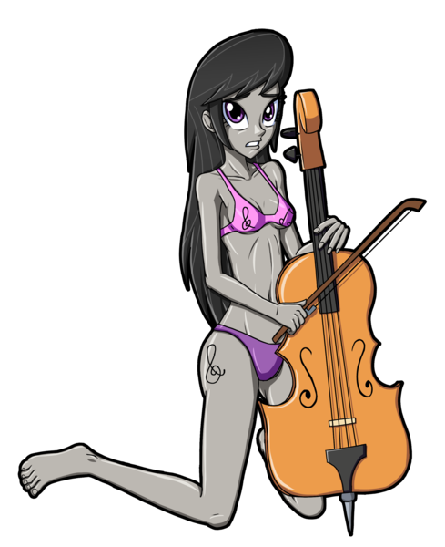 Size: 2039x2500 | Tagged: safe, artist:artemis-polara, derpibooru import, octavia melody, equestria girls, barefoot, bikini, cello, clothes, feet, female, musical instrument, simple background, solo, swimsuit, toes, transparent background