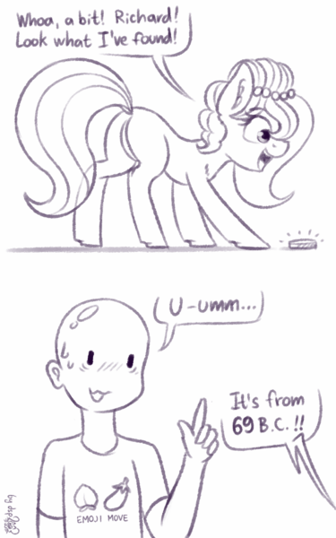 Size: 1280x2048 | Tagged: safe, artist:dsp2003, derpibooru import, oc, oc:brownie bun, oc:richard, earth pony, human, pony, 69 (number), bit, blushing, brownie butt, butt, coin, comic, emoji, female, male, mare, money, monochrome, open mouth, plot, signature, simple background, sketch, white background