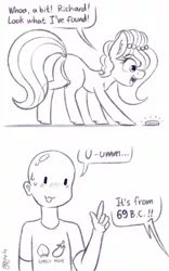 Size: 1280x2048 | Tagged: safe, artist:dsp2003, derpibooru import, oc, oc:brownie bun, oc:richard, earth pony, human, pony, 69 (number), bit, blushing, brownie butt, butt, coin, comic, emoji, female, male, mare, money, monochrome, open mouth, plot, signature, simple background, sketch, white background