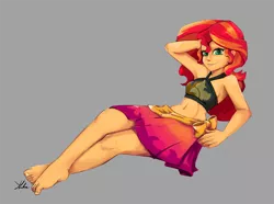 Size: 900x670 | Tagged: safe, artist:xenstroke, derpibooru import, sunset shimmer, equestria girls, equestria girls series, forgotten friendship, arm behind head, armpits, barefoot, belly button, breasts, clothes, feet, female, gray background, looking at you, sideboob, simple background, solo, swimsuit