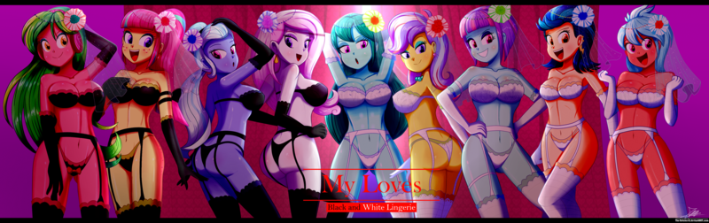 Size: 4440x1400 | Tagged: suggestive, alternate version, artist:the-butch-x, derpibooru import, cold forecast, fleur-de-lis, frosty orange, indigo zap, lemon zest, sour sweet, sugarcoat, sunny flare, upper crust, equestria girls, arm behind head, armpits, ass, background human, beautiful, belly button, big breasts, black underwear, boob freckles, bra, bracelet, breasts, busty cold forecast, busty fleur-de-lis, busty frosty orange, busty indigo zap, busty lemon zest, busty sour sweet, busty sugarcoat, busty sunny flare, busty upper crust, butch's black and white lingerie, butt freckles, chest freckles, cleavage, clothes, crystal prep shadowbolts, erect nipples, evening gloves, female, females only, fleur-de-rriere, flower, flower in hair, freckles, garter belt, gloves, grin, hand on head, hand on hip, headphones, jewelry, lingerie, long gloves, looking at you, looking back, looking back at you, miss fleur is trying to seduce us, my loves x, necklace, open mouth, panties, sexy, shadow five, shoulder freckles, simple background, smiling, socks, stockings, sugarcheeks, text, thigh highs, transparent background, underwear, upper butt, wedding night, wedding veil, white underwear