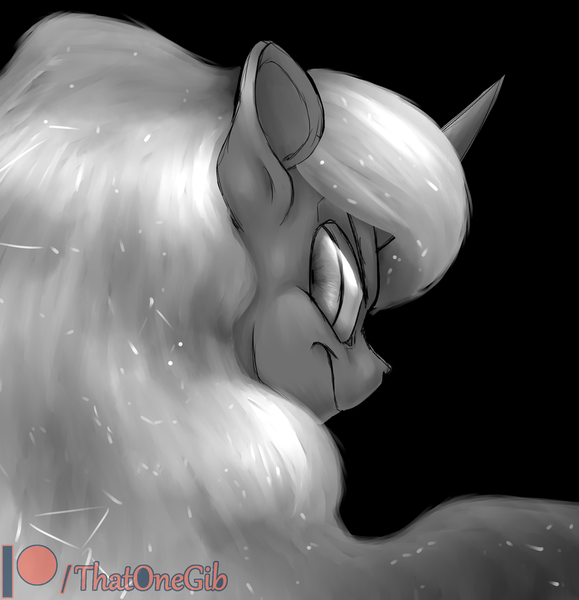 Size: 800x829 | Tagged: alicorn, angry, artist:thatonegib, black and white, black background, daily doodle, derpibooru import, ethereal mane, frown, grayscale, looking at you, looking back, looking back at you, monochrome, nightmare moon, patreon, patreon logo, safe, simple background, solo