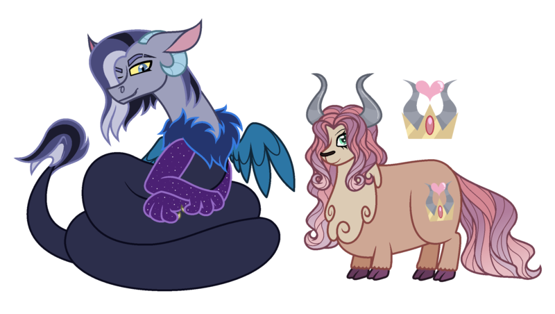 Size: 2346x1325 | Tagged: artist:andy-hazards, cousins, derpibooru import, draconequus, draconequus oc, duo, female, hair over one eye, hybrid, interspecies offspring, male, oc, offspring, parent:discord, parent:prince rutherford, parent:princess celestia, parent:princess luna, parents:lunacord, parents:ruthlestia, safe, simple background, transparent background, unofficial characters only, yakony