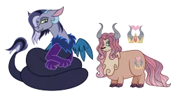 Size: 2346x1325 | Tagged: artist:andy-hazards, cousins, derpibooru import, draconequus, draconequus oc, duo, female, hair over one eye, hybrid, interspecies offspring, male, oc, offspring, parent:discord, parent:prince rutherford, parent:princess celestia, parent:princess luna, parents:lunacord, parents:ruthlestia, safe, simple background, transparent background, unofficial characters only, yakony