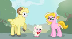 Size: 1586x876 | Tagged: safe, artist:darbypop1, derpibooru import, oc, oc:absolute unit, oc:floofy (darbypop1), oc:wildflower, unofficial characters only, hybrid, pony, sheep, sheep pony, family, female, interspecies offspring, male, mare, oc x oc, offspring, parent:oc:absolute unit, parent:oc:wildflower, parents:oc x oc, shipping, straight