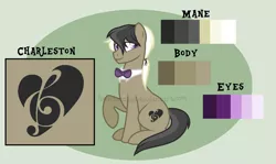 Size: 1723x1024 | Tagged: safe, artist:ipandacakes, derpibooru import, oc, oc:charleston, unofficial characters only, earth pony, pony, bowtie, male, offspring, parent:frederic horseshoepin, parent:octavia melody, parents:fredtavia, reference sheet, solo, stallion