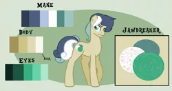 Size: 1757x927 | Tagged: safe, artist:ipandacakes, derpibooru import, oc, oc:jawbreaker, earth pony, pony, magical lesbian spawn, male, offspring, parent:bon bon, parent:lyra heartstrings, parents:lyrabon, reference sheet, solo, stallion