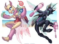 Size: 1280x965 | Tagged: anthro, armpits, artist:loupgarou, barbie doll anatomy, birthday ponies, birthflower, birthstone, changedling, changeling, cloven hooves, derpibooru import, duo, female, oc, oc:june blossom, oc:june rose, safe, squirt gun, unguligrade anthro, unofficial characters only, water balloon, water pistol, wings