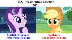 Size: 1920x1080 | Tagged: safe, derpibooru import, edit, edited screencap, screencap, applejack, starlight glimmer, earth pony, pony, unicorn, non-compete clause, uncommon bond, 2020, apple, apple tree, book, cowboy hat, cropped, cute, duo, election, female, food, hat, image macro, library, mare, meme, politics, smiling, text, tree, twilight's castle, twilight's castle library