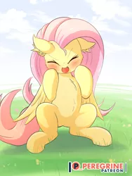 Size: 1600x2133 | Tagged: safe, artist:phoenixperegrine, derpibooru import, fluttershy, pegasus, pony, blushing, chest fluff, cute, ear fluff, eyes closed, female, fluttertsun, hnnng, mare, patreon, patreon logo, shyabetes, sitting, solo, tongue out, tsundere