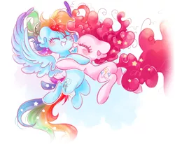 Size: 1600x1319 | Tagged: safe, artist:pinkablue, derpibooru import, pinkie pie, rainbow dash, earth pony, pegasus, pony, blushing, eyes closed, female, flying, happy, hug, lesbian, mare, pinkiedash, shipping, smiling, spread wings, wings