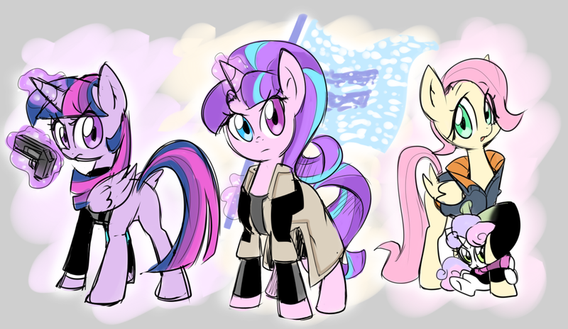 Size: 1324x768 | Tagged: safe, artist:thegreatrouge, derpibooru import, fluttershy, starlight glimmer, sweetie belle, twilight sparkle, twilight sparkle (alicorn), alicorn, android, pegasus, pony, robot, unicorn, alice (detroit: become human), alternate hairstyle, ax400, butt, clothes, connor, cosplay, costume, crossover, detroit: become human, equal cutie mark, equal sign, equality, female, flag, glowing horn, gun, heterochromia, hug, jacket, kara, looking at you, looking back, looking back at you, markus, plot, quartet, trenchcoat, trio, weapon