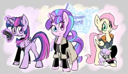 Size: 1324x768 | Tagged: safe, artist:thegreatrouge, derpibooru import, fluttershy, starlight glimmer, sweetie belle, twilight sparkle, twilight sparkle (alicorn), alicorn, android, pegasus, pony, robot, unicorn, alice (detroit: become human), alternate hairstyle, ax400, butt, clothes, connor, cosplay, costume, crossover, detroit: become human, equal cutie mark, equal sign, equality, female, flag, glowing horn, gun, heterochromia, hug, jacket, kara, looking at you, looking back, looking back at you, markus, plot, quartet, trenchcoat, trio, weapon