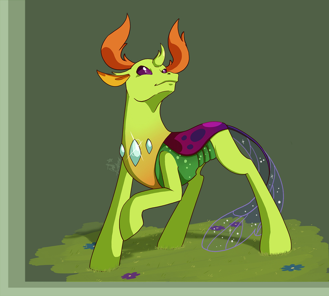 Size: 1555x1400 | Tagged: artist:taledemon, changedling, changeling, derpibooru import, green background, king thorax, looking up, male, raised hoof, safe, simple background, solo, thorax