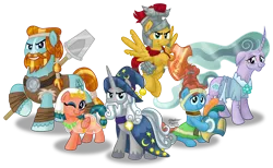 Size: 2000x1229 | Tagged: safe, artist:aleximusprime, derpibooru import, flash magnus, meadowbrook, mistmane, rockhoof, somnambula, star swirl the bearded, earth pony, pegasus, pony, unicorn, shadow play, armor, clothes, healer's mask, mask, netitus, one eye closed, pillars of equestria, rockhoof's shovel, shield, simple background, sitting, transparent background, wink