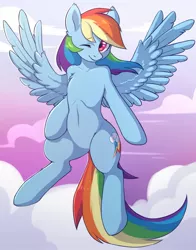 Size: 1159x1479 | Tagged: safe, artist:fensu-san, artist:notsafe2safeponies, derpibooru import, edit, rainbow dash, pegasus, pony, semi-anthro, backwards cutie mark, belly, cloud, eyes closed, female, flying, human shoulders, humanoid torso, looking at you, mare, midriff, one eye closed, smiling, solo, spread wings, wings, wink