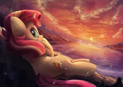 Size: 3600x2550 | Tagged: safe, artist:discorded, artist:vanillaghosties, derpibooru import, sunset shimmer, pony, unicorn, collaboration, cute, female, looking at you, looking back, looking back at you, mare, pun, scenery, shimmerbetes, smiling, solo, sunset, visual pun