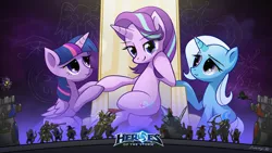 Size: 1920x1080 | Tagged: safe, artist:jeremywithlove, derpibooru import, starlight glimmer, trixie, twilight sparkle, twilight sparkle (alicorn), alicorn, pony, unicorn, abathur, ana amari, arthas menethil, crossover, female, frostmourne, heroes of the storm, lesbian, lich king, minion, shipping, sitting, smiling, startrix, sword, symbiote, throne, throne slouch, twistarlight, tyrael, weapon