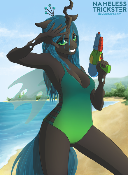 Size: 1024x1401 | Tagged: anthro, armpits, artist:namelesstrickster, beach, breasts, changeling, cleavage, clothes, derpibooru import, female, looking at you, one-piece swimsuit, queen chrysalis, safe, salute, seashore, sideboob, smiling, solo, swimsuit, toy