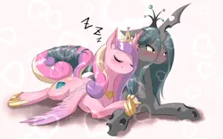 Size: 1120x700 | Tagged: safe, artist:phoenixperegrine, derpibooru import, princess cadance, queen chrysalis, alicorn, changeling, changeling queen, pony, abstract background, blushing, cadalis, couple, crown, cuddling, cute, cutealis, cutedance, ear fluff, embarrassed, eyelashes, eyes closed, female, floppy ears, happy, heart, heart background, hug, infidelity, intertwined tails, jewelry, lesbian, love, lying, mare, pleased, regalia, satisfied, shipping, smiling, spread legs, spread wings, spreading, wings, zzz