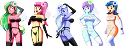 Size: 3728x1399 | Tagged: suggestive, artist:the-butch-x, derpibooru import, indigo zap, lemon zest, sour sweet, sugarcoat, sunny flare, equestria girls, arm behind head, armpits, ass, belly button, big breasts, black underwear, boob freckles, bra, bracelet, breasts, busty indigo zap, busty lemon zest, busty sour sweet, busty sugarcoat, busty sunny flare, butch's black and white lingerie, butt freckles, chest freckles, cleavage, clothes, crystal prep shadowbolts, erect nipples, evening gloves, female, flower, flower in hair, freckles, garter belt, gloves, grin, hand on head, hand on hip, headphones, jewelry, lingerie, long gloves, looking at you, looking back, my loves x, open mouth, panties, sexy, shadow five, shoulder freckles, simple background, smiling, socks, solo, solo female, stockings, sugarcheeks, thigh highs, transparent background, underwear, wedding night, wedding veil, white underwear