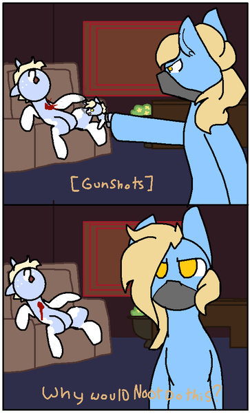 Size: 630x1040 | Tagged: grimdark, artist:nootaz, derpibooru import, oc, oc:blank space, oc:nootaz, oc:nootgun, pony, unicorn, 2 panel comic, blood, comic, death, eric andre, gun, hannibal buress, noot abuse, shooting, the eric andre show, weapon, who killed hannibal