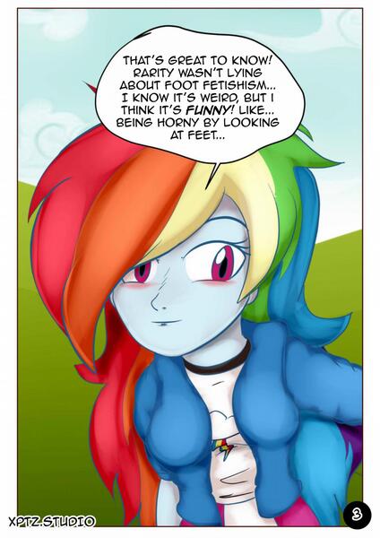 Size: 1860x2631 | Tagged: suggestive, artist:xptzstudios, derpibooru import, rainbow dash, comic:rainbow dash jerk-off encouragement, equestria girls, blushing, breasts, comic, dialogue, feet, female, fetish, foot fetish, solo, talking to viewer