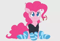 Size: 1500x1024 | Tagged: artist:ncmares, chest fluff, clothes, cute, derpibooru import, diapinkes, donut, female, food, hoodie, mare, messy mane, no pupils, pinkie pie, safe, simple background, socks, striped socks, wip