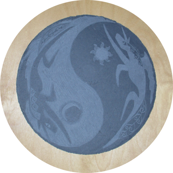 Size: 2901x2901 | Tagged: artist:malte279, craft, derpibooru import, engraving, moon, princess celestia, princess luna, royal sisters, safe, slate, slate engraving, sun, ying yang