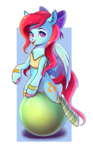 Size: 1513x2489 | Tagged: safe, artist:ghst-qn, derpibooru import, oc, oc:cara swiftwing, unofficial characters only, pegasus, pony, clothes, exercise ball, female, hair bow, mare, smiling, socks, solo, straddling, striped socks, sweatband, tanktop, wings, workout