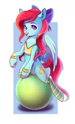 Size: 1513x2489 | Tagged: safe, artist:ghst-qn, derpibooru import, oc, oc:cara swiftwing, unofficial characters only, pegasus, pony, clothes, exercise ball, female, hair bow, mare, smiling, socks, solo, straddling, striped socks, sweatband, tanktop, wings, workout