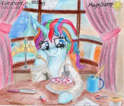 Size: 2166x1855 | Tagged: safe, artist:magnifsunspiration, derpibooru import, oc, oc:feeria lovestory, pony, unicorn, cake, female, food, knife, mare, solo, traditional art