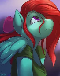 Size: 1800x2300 | Tagged: anthro, artist:noben, clothes, derpibooru import, female, hair bow, looking up, mare, oc, oc:cara swiftwing, pegasus, safe, shirt, solo, unofficial characters only, wings