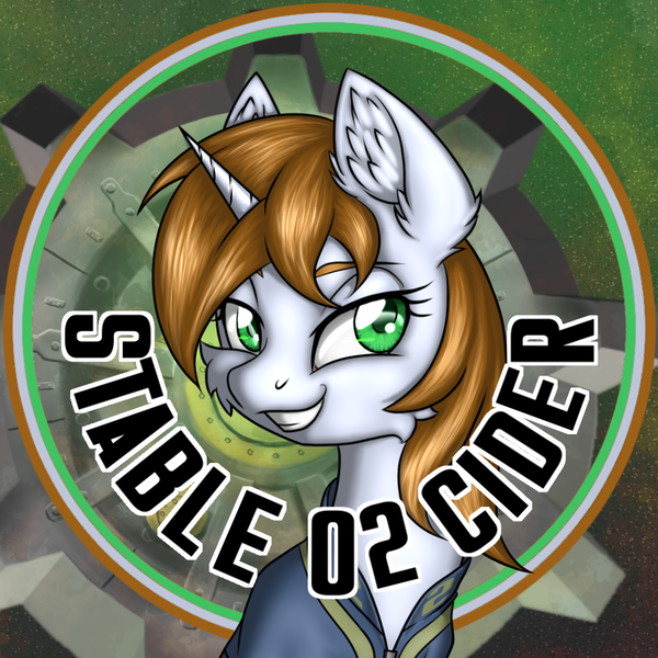 Size: 900x900 | Tagged: safe, artist:ravvij, derpibooru import, oc, oc:littlepip, pony, unicorn, fallout equestria, fanfic, bottlecap, brown, cap, clothes, cute, ear fluff, fallout, fanfic art, female, fiaura, gray, green, hat, horn, mare, smiling, solo, stable, stable 2, stable door, teeth, text, vault, vault suit, vaultdoor