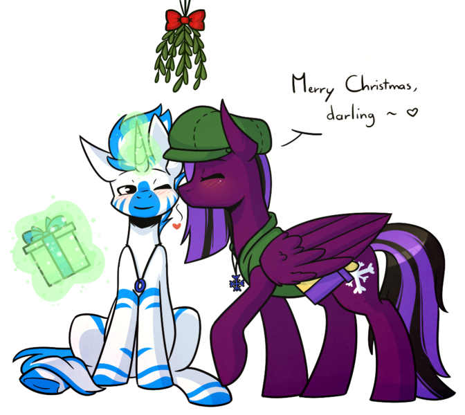 Size: 1000x893 | Tagged: safe, artist:ak4neh, derpibooru import, oc, oc:elia storm, oc:silver ring, unofficial characters only, pegasus, pony, zebra, zebracorn, couple, female, glowing horn, magic, male, mistletoe, oc x oc, shipping, simple background, straight, telekinesis, transparent background