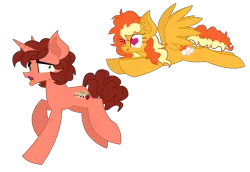 Size: 2158x1486 | Tagged: safe, artist:kaatseye, derpibooru import, oc, oc:strawberry marscapone sandwich, oc:sunset sky, pegasus, pony, unicorn, brother and sister, duo, female, flying, half-siblings, heart eyes, interdimensional siblings, male, mare, offspring, parent:cheese sandwich, parent:pinkie pie, parent:rainbow dash, parents:cheesedash, parents:cheesepie, simple background, stallion, transparent background, wingding eyes