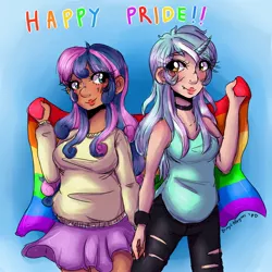 Size: 3150x3150 | Tagged: safe, artist:mylittleyuri, derpibooru import, bon bon, lyra heartstrings, sweetie drops, human, downvote bait, female, gay pride flag, horned humanization, humanized, lesbian, lyrabon, pride, pride flag, pride month, shipping, tumblr