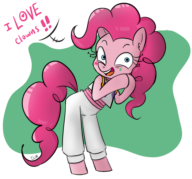 Size: 1522x1422 | Tagged: safe, artist:andacraft, artist:suismal, derpibooru import, pinkie pie, earth pony, pony, semi-anthro, abstract background, bipedal, clothes, cosplay, costume, dialogue, ear fluff, hisoka, hunter x hunter, open mouth, smiling, solo