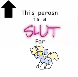 Size: 500x494 | Tagged: safe, artist:nootaz, derpibooru import, oc, oc:nootaz, pony, unicorn, crouching, female, juxtaposition bait, mare, solo, text, vulgar