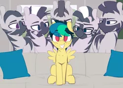 Size: 1835x1319 | Tagged: safe, artist:shinodage, derpibooru import, oc, oc:apogee, unofficial characters only, pegasus, pony, zebra, :o, bedroom eyes, couch, cute, eye clipping through hair, eyes on the prize, female, filly, freckles, glasses, grin, lidded eyes, looking at you, male, meme, meme origin, open mouth, pillow, piper perri surrounded, sitting, smiling, smirk, squee, stallion, this will end in degeneracy, this will end in pregnancy, zebradom