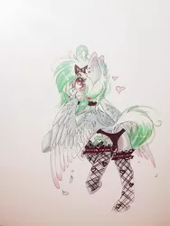 Size: 774x1032 | Tagged: suggestive, artist:scootiegp, derpibooru import, oc, unofficial characters only, pegasus, pony, bow, clothes, collar, female, fishnets, heart, heart eyes, mare, red eyes, socks, solo, traditional art, underwear, wingding eyes