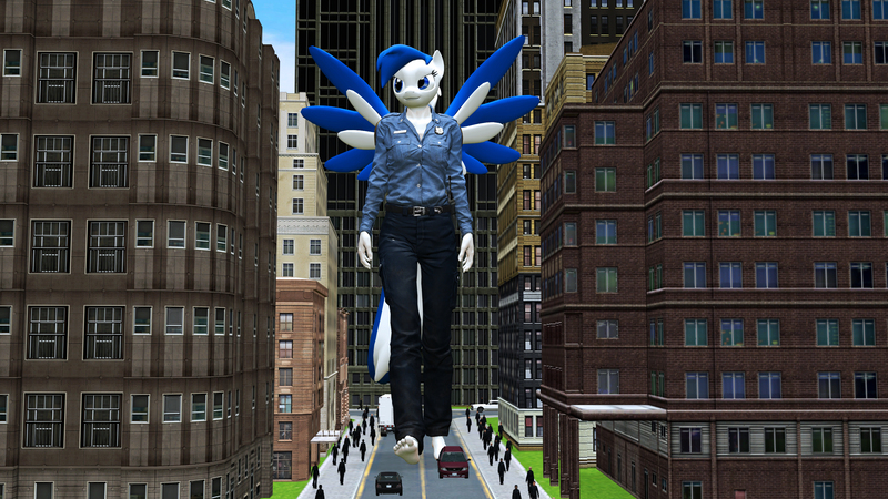 Size: 3020x1698 | Tagged: 3d, anthro, artist:scalelover, artist:shrunkenlover, building, city, clothes, derpibooru import, female, giantess, human, macro, oc, oc:striker blue, pants, people, plantigrade anthro, safe, skyscraper, wings