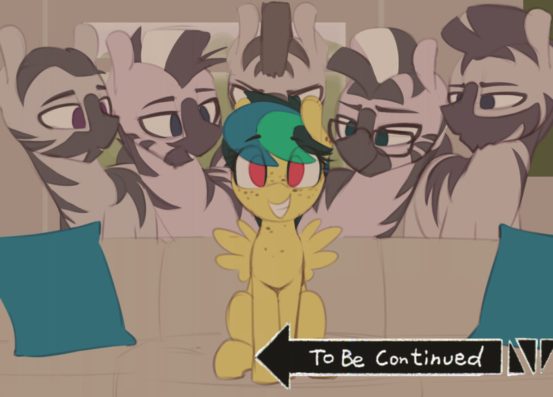 Size: 1835x1319 | Tagged: safe, artist:shinodage, derpibooru import, edit, editor:twitchyylive, oc, oc:apogee, unofficial characters only, pegasus, pony, zebra, :o, bedroom eyes, couch, cute, eyes on the prize, female, filly, freckles, glasses, grin, imminent sex, implied rape, jojo's bizarre adventure, lidded eyes, looking at you, male, meme, open mouth, pillow, piper perri surrounded, roundabout, sitting, smiling, smirk, squee, stallion, to be continued (meme)