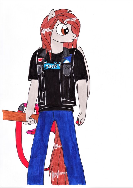 Size: 2463x3481 | Tagged: anthro, artist:killerteddybear94, clothes, crush 40, derpibooru import, electric guitar, guitar, guitar pick, heavy metal, jacket, looking away, male, oc, oc:galestorm, pants, pegasus, rocker, safe, shirt, stallion, traditional art, t-shirt