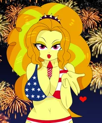 Size: 3664x4421 | Tagged: suggestive, artist:raydonxd, derpibooru import, adagio dazzle, equestria girls, 4th of july, big breasts, bikini, blowing a kiss, breasts, busty adagio dazzle, clothes, commission, dazzling, female, fireworks, flag bikini, holiday, kissing, lipstick, looking at you, murica, solo, solo female, swimsuit, united states