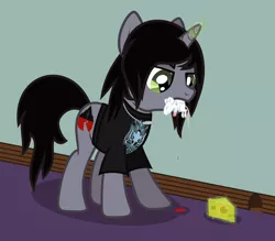 Size: 1536x1345 | Tagged: semi-grimdark, artist:lightningbolt, derpibooru import, ponified, ponified:kellin quinn, mouse, pony, unicorn, .svg available, angry, blood, cheese, clothes, dead, disguise, disguised siren, dripping blood, fangs, food, glowing horn, hair over one eye, horn, jewelry, magic, male, mouse hole, mouth hold, necklace, pierce the veil, ponies eating meat, predation, shirt, sirens doing siren things, sleeping with sirens, slit eyes, solo, stallion, svg, t-shirt, vector, vore