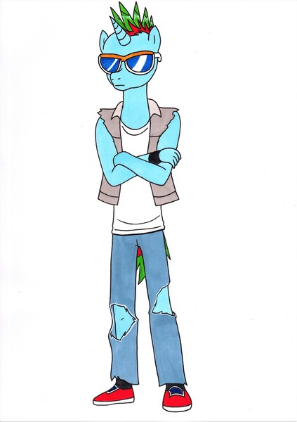 Size: 2462x3495 | Tagged: safe, artist:killerteddybear94, derpibooru import, oc, oc:tom tom, anthro, unicorn, clothes, crossed arms, jacket, jeans, male, pants, punk, ripped jeans, shoes, skinny, stallion, sunglasses, tanktop, traditional art, wristband